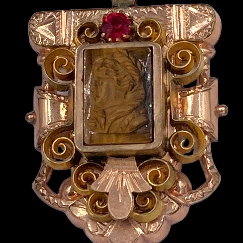 Antique Victorian Rose & Yellow Gold Filled Tiger Eye Cameo Mesh Necklace - Picture 4 of 14